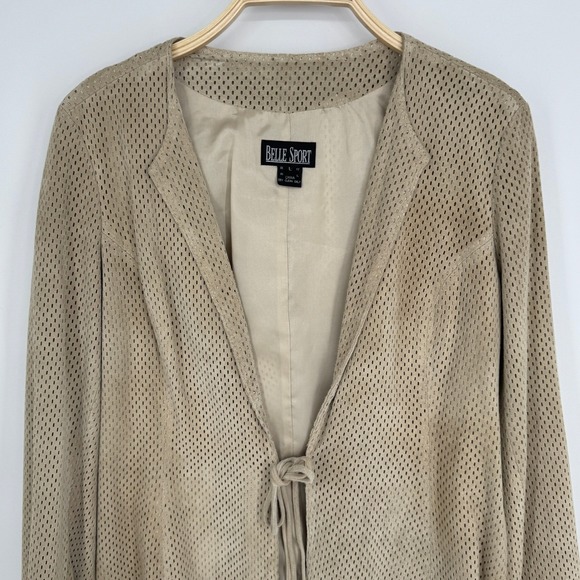 Vintage Belle Sport Perforated Pig Suede Jacket Size Large Beige Open Front - Picture 3 of 7